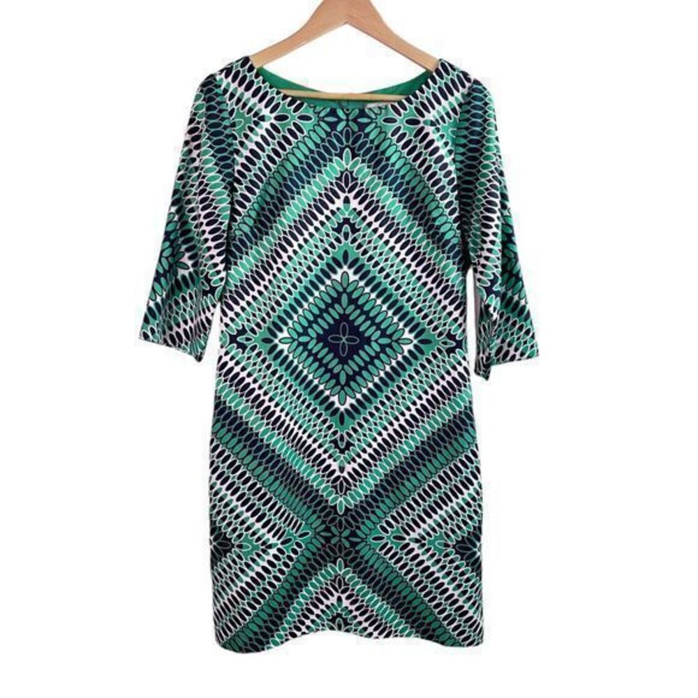Banana Republic Retro Geometric Lined Green Blue Sheath Dress Size‎ 8